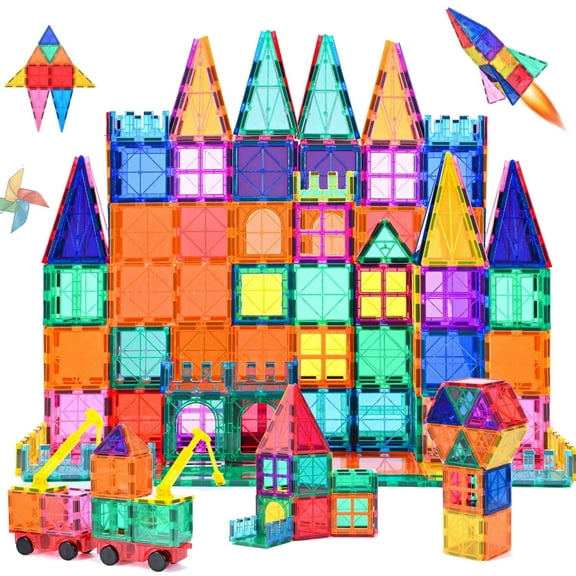 120PCS Kids Magnetic Tiles with Cars and Cranes - Clear 3D Magnet Blocks Set STEM Stacking Toys - Magnetic Tiles for Kids Ages 3+ - Recreational Conventional Imagination