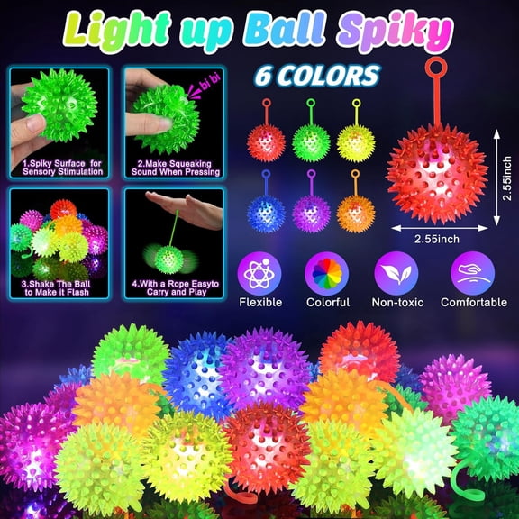 120PCS Light Up Ball, Bouncy Balls for Kids, 6 Colors LED Flashing Squeaky Ball, 2.55inch Light Up Toys, Fidget Sensory Toys, Glow in The Dark Party Favors for Teens, Adults, Children