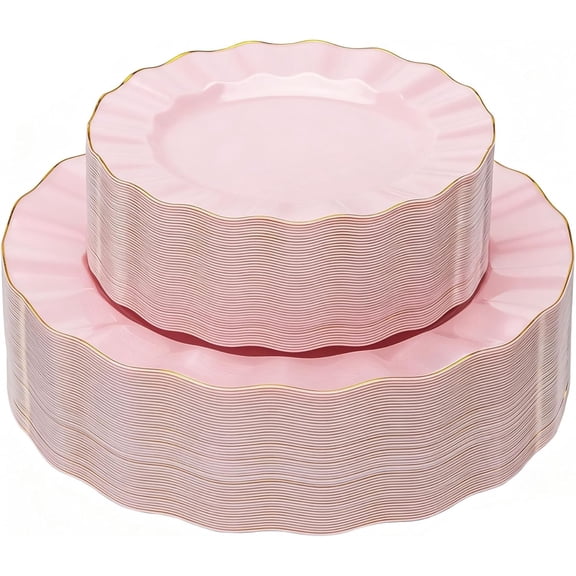 120PCS Pink Plastic Plates, Heavy Duty Disposable Party Plates with Gold Rim, Fancy 60 Dinner & 60 Dessert Plates for Parties and Wedding