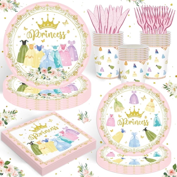 120PCS Princess Birthday Party Supplies Princess Themed Birthday Party Decorations for Baby Girls Babyshower Sweet Fairytale Tableware Set Dessert Plates Napkins Cups Set for 20 Guests