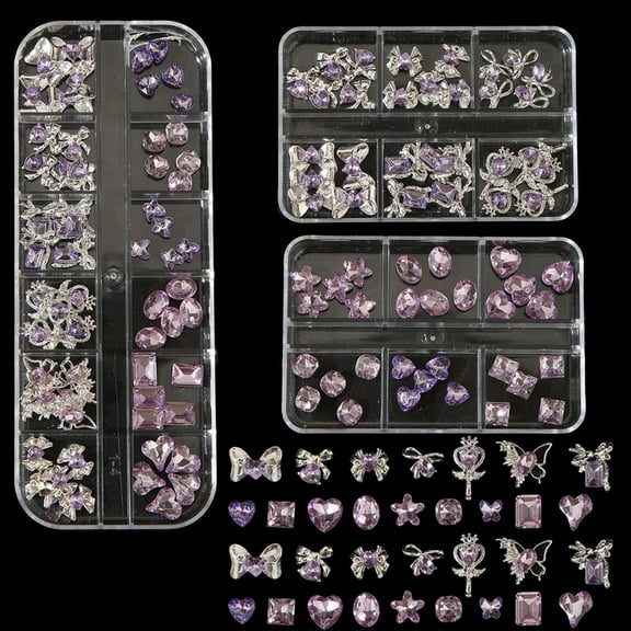120PCS Purple Alloy Zircon Rhinestone Nail Charms Set Large Purple Crystal Studs for Nail Art DIY Decoration