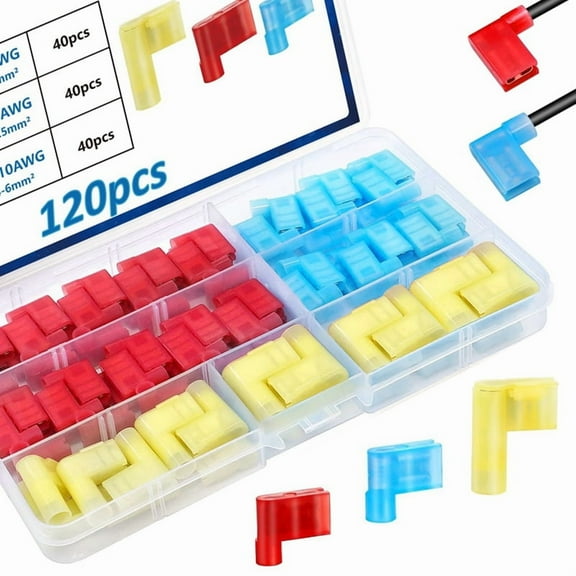 120PCS Quick Disconnect Flag Connector,Nylon Right Angle Spade Connectors 22-10AWG,90 Degree Wire Terminal Connector,120 * Right Angle Spade Connector,Red & Yellow & Blue