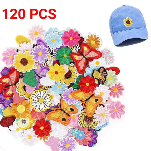 120PCS Random Iron on Patches for Clothing: Flower Heart Patch Iron on Cute Butterfly Embroidered Sew Applique Repair Patches for Jeans Jackets Backpacks