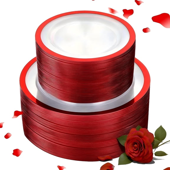 120PCS Red Plastic Plates for Party - Valentines Plates Disposable Heavy Duty - Fancy Disposable Plates Include 60 10" Dinner and 60 7" Dessert Platos for Party, Valentines Day & Special Moments