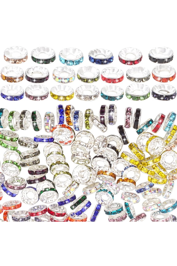 120PCS Rhinestone Spacer Beads 10mm Brass Round Rondelle Crystal Diamond Large Hole Bead Spacers for Jewelry Making DIY European Bracelets Necklaces Keychains Beaded Pens,Colorful
