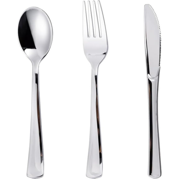 120PCS Silver Plastic Silverware, Cutlery Set Disposable Flatware Dinnerware -60 Forks, 30 Spoons, Knives for Wedding, , Birthday and Daily Use