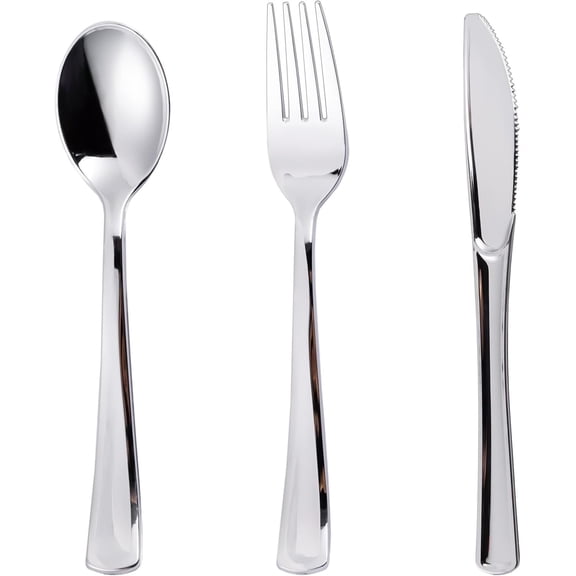 120PCS Silver Plastic Silverware, Silver Plastic Cutlery Set Disposable Flatware Dinnerware -60 Forks, 30 Spoons, 30 Knives for Wedding, Party, Birthday and Daily Use