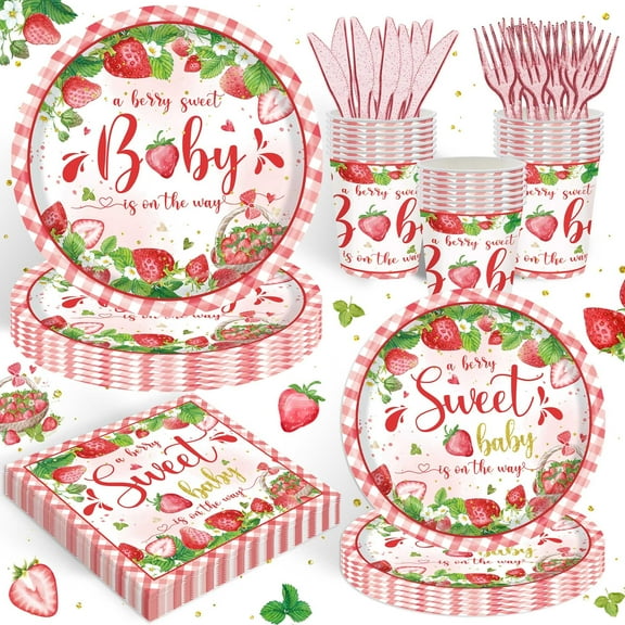 120PCS Strawberry Baby Shower Supplies for Girls A Berry Sweet Baby Pregnancy Party Decorations Disposable Dinnerware Set Paper Plates Napkins Cups Set for 20 Guests C48