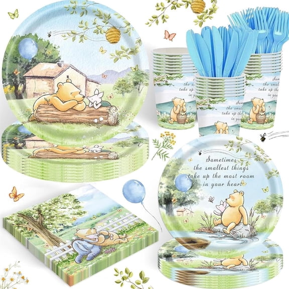 120PCS Winnie Baby Shower Party Supplies Babyshower 1st Party Decorations for Kids Girls Birthday Neutral Classic Bear Tableware Set Include Plates,Napkin,Cups,for 20 Guests Y114