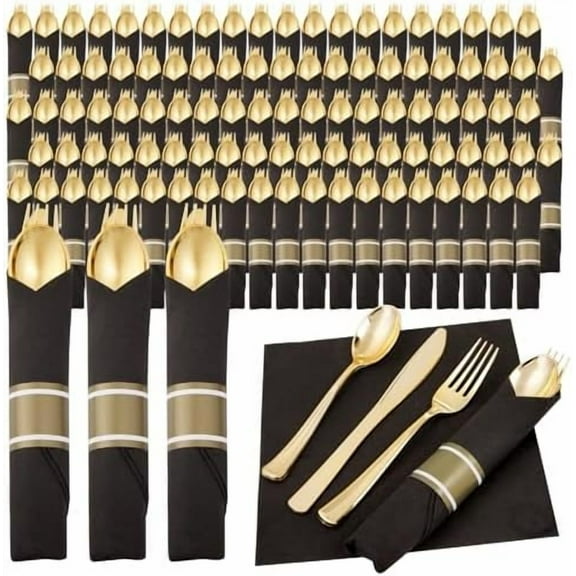 120Pack Pre Rolled Silverware Set, Wrapped Disposable Silverware Set, Disposable Utensils Includes 120 Plastic Forks and Spoons, 120 Plastic Knives, 120 Napkins for Wedding, Birthday, Party