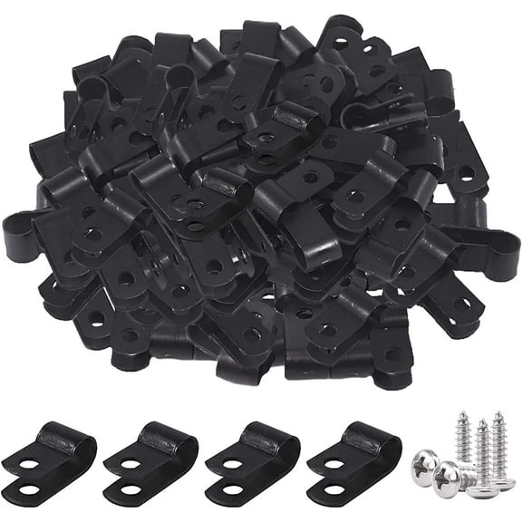 120Pcs 1/2 Inch Black Nylon Screw Mounting R-Type Cable Clip Wire Clamp with 120Pcs Screws for Wire, Cable, Conduit and Cable Conduit Kit (Black)