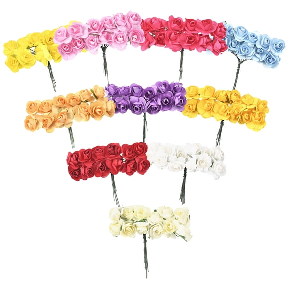 120Pcs 10 Colours Mini Paper Roses Artificial Paper Flowers 1.8cm Small Paper Rose Buds with Wire Stems for Wrapping Decoration Hair Accessories
