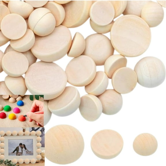 120Pcs 12/15/20mm Half Wooden Beads, Natural Unfinished Split Wood Balls Round Wood Beads Half Sphere Ornaments for DIY Craft Paint Arts