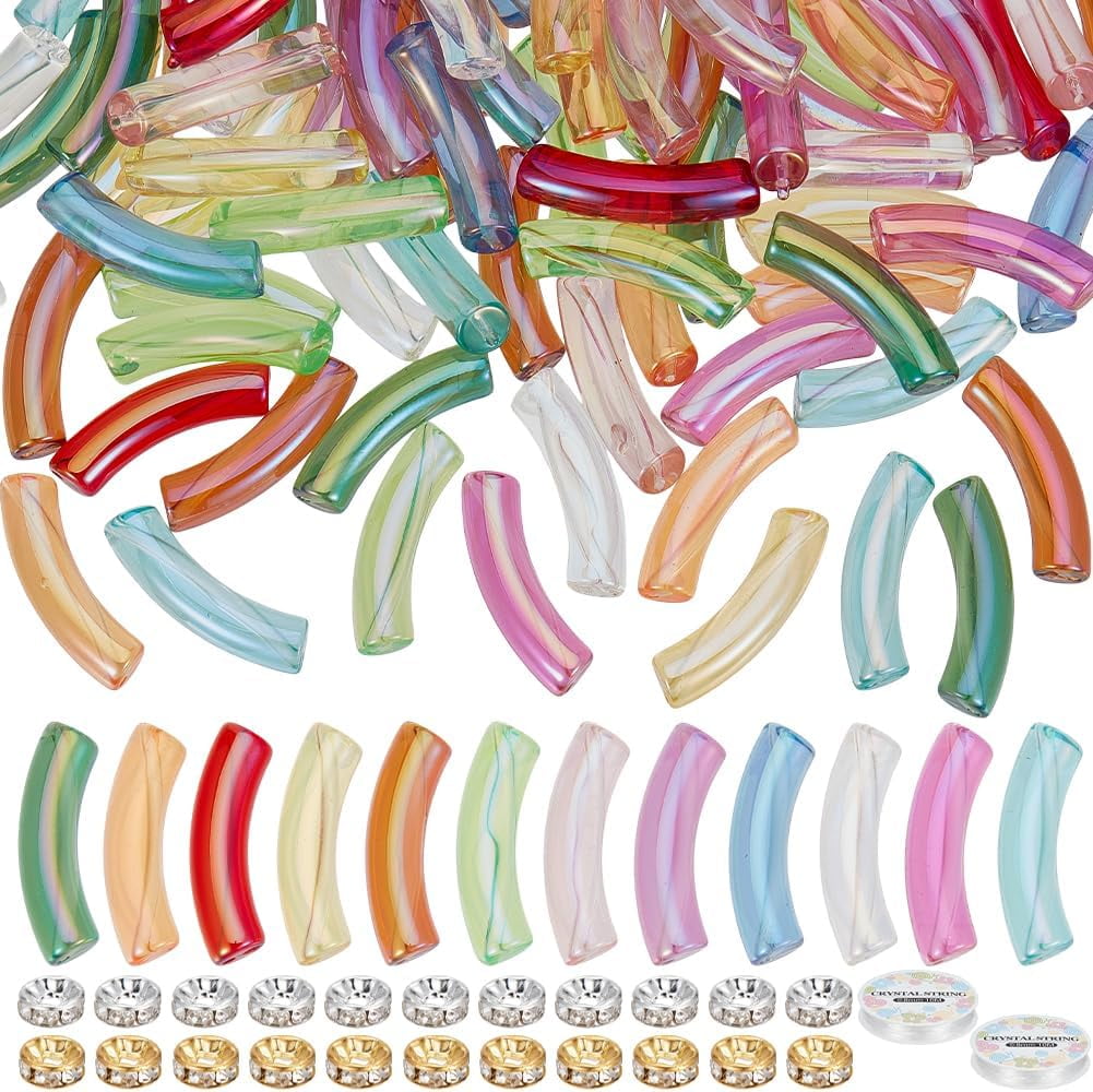 120Pcs 12 Colors Acrylic Tube Bead Curved Beads Bulk Colorful Chunky Stacking Bamboo Noodle Brass Rhinestone Bead with Elastic String for Jewelry Making Friendship Bracelet DIY Craft Supplies for diy