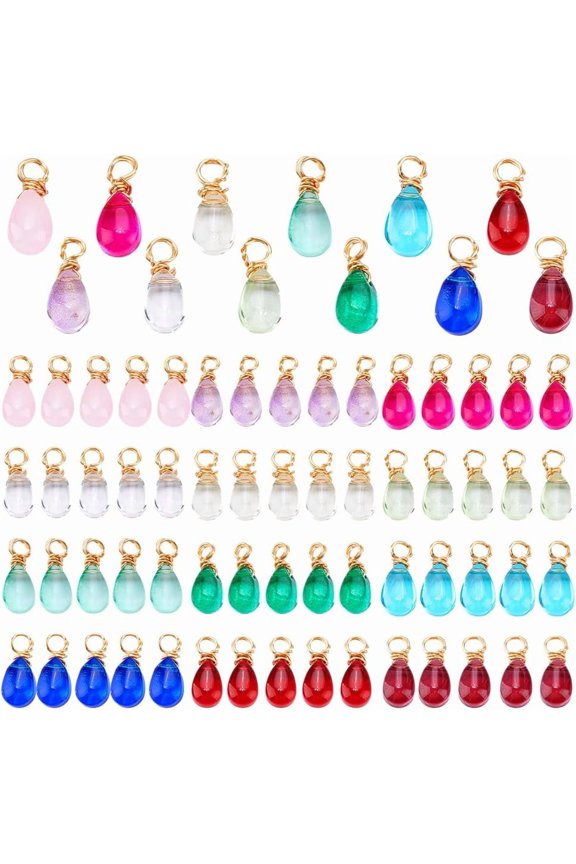 120Pcs 12 Colors Crystal Dangle Charms Transparent Glass Pendants Teardrop Charms with 18K Gold Plated Copper Loops for Jewelry Making