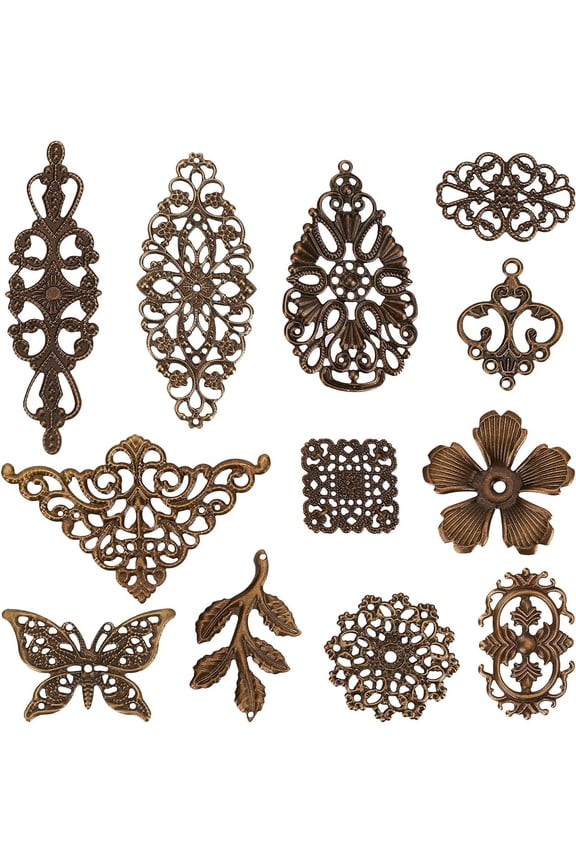 120Pcs 12 Styles Filigree Connector Charms Filigree Metal Charms Vintage Flower Leaf Tibetan Style Chandelier Component Links