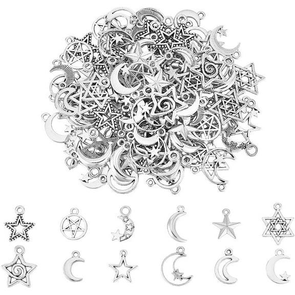 120Pcs 12 Styles Moon Star Charms Tibetan Style Charms Anique Silver Charms Pentagram Charms Moon Charms