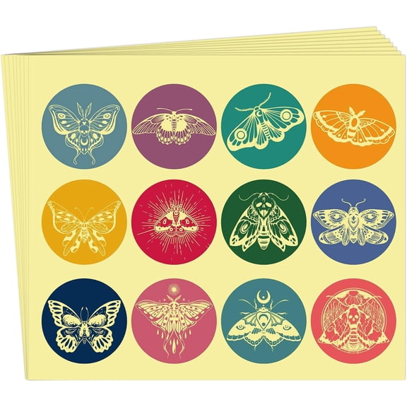 120Pcs 12 Styles Moth Round Stickers 2 Inch Insects Gold Foil Embossed Certificate Envelope Seals Sticker Colorful Self Adhesive Medal Label Decals
