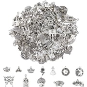 120Pcs 12 Styles Tibetan Alloy Pendants Antique Silver Fairy Tale Charms Assorted Rose Fairy Tale Charms Mushroom Rabbit Crown Castle Charms Hole 1.6-2.5mm