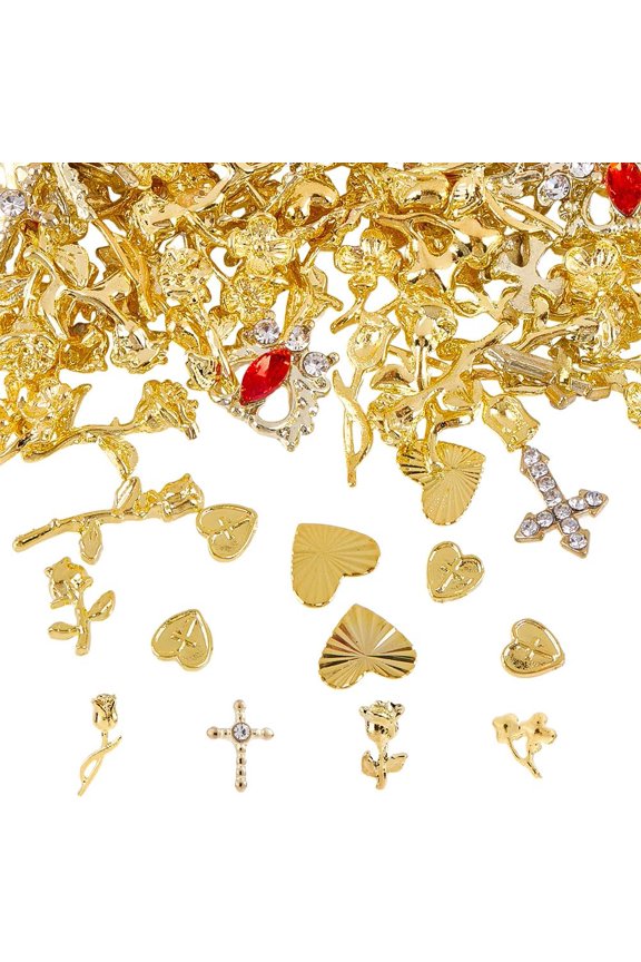 120Pcs 12Styles Gold Nail Charms Set Gold Nail Jewelry 3D Tiny Alloy Retro Metallic Flatback with Rhinestones Shiny Heart Rose Flowers Gems Art Design