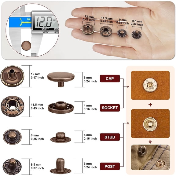 120Pcs 12mm Metal Snap Button Fastener Kit with Setter Tools & Hammer | 4 Color Leather Press Studs Snaps for Clothes, Sewing Fabric, Crafts, Jackets, Jeans, Bracelets, Bags
