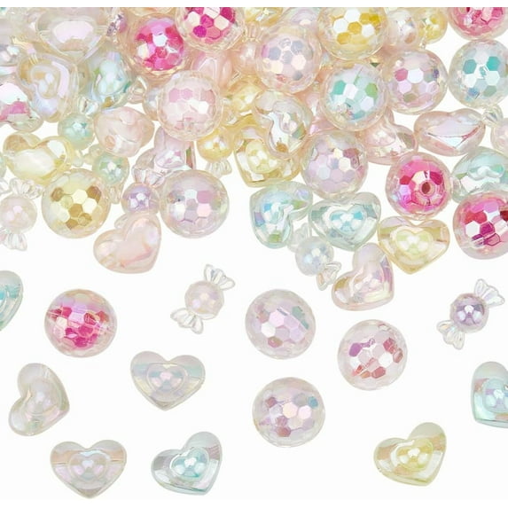 120Pcs 15 Styles Transparent Acrylic Heart Beads Bulk Clear Candy Beads 16mm AB Color Macaron Pastel Faceted Round Charms for Bracelets Jewelry Making Gifts Beadable Pens Beading Multi-color