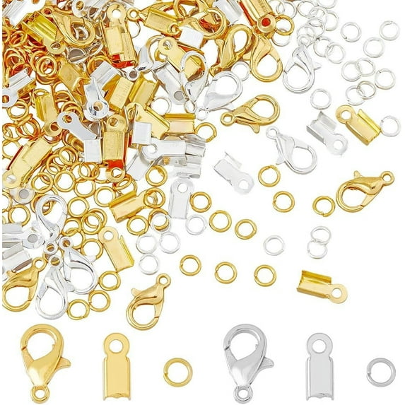 120Pcs 2 Color Zinc Alloy Lobster Claw Clasps with 240Pcs Iron Folding Crimp Ends and 120Pcs Open Jump Rings Jewelry Making Accessories Kit for Jewelry Making and Bracelets
