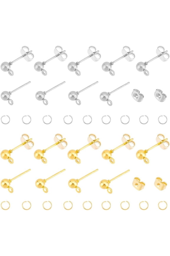 120Pcs 2 Colors Iron Ball Post Stud Earring Findings Round Ear Pin with 120pcs Open Jump Rings Golden Ear Stud Findings
