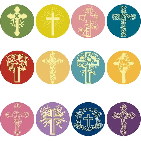 120Pcs 2 inch Round Cross Stickers Self Adhesive Envelope Stickers Paper Colorful Easter Party Cross Decal Decoration Seals Gold Foil Embossed Labels Decals for DIY Scrapbook Seal Decoration