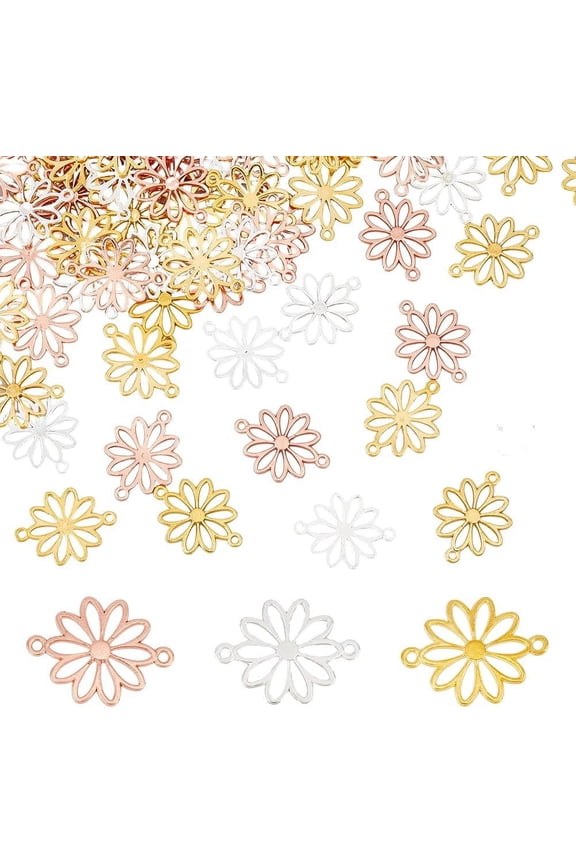 120Pcs 3 Colors Daisy Connector Charm Flower Link Flower Leaf Charms Pendants Double Hole Chrysanthemum Beads Connector