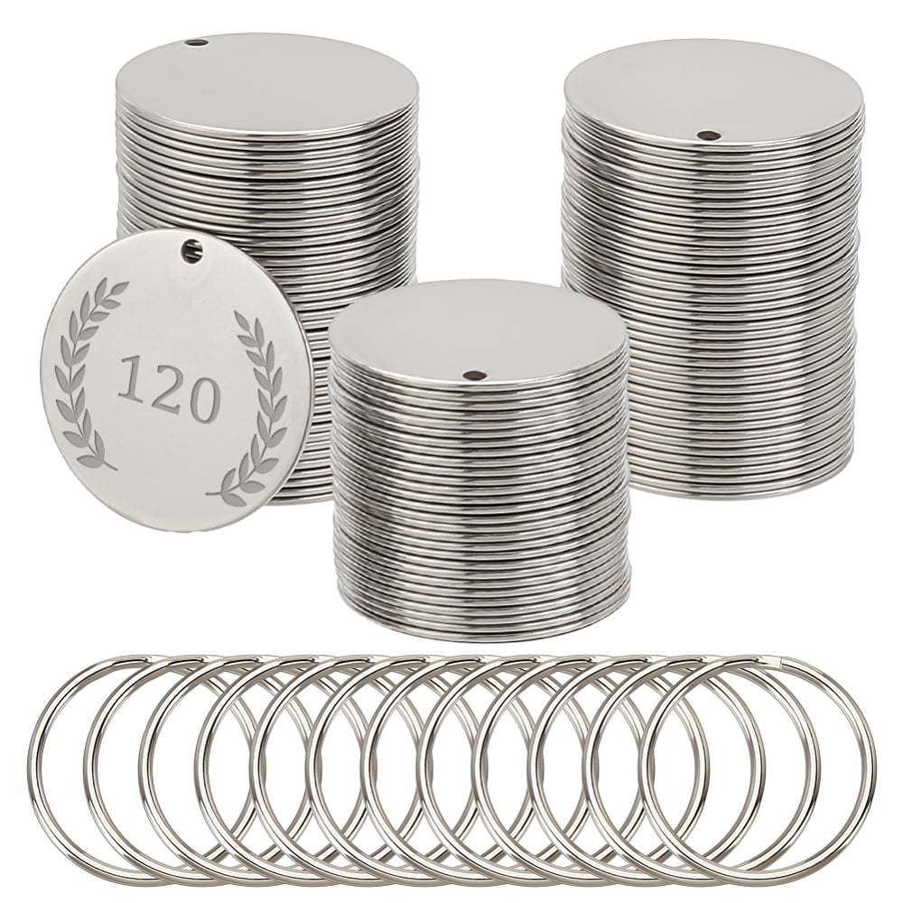 120Pcs 304 Stainless Steel Stamping Blank Tag Pendants with 120Pcs Iron Split Key Rings Flat Round Stainless Steel Color 30x1mm Hole: 2mm