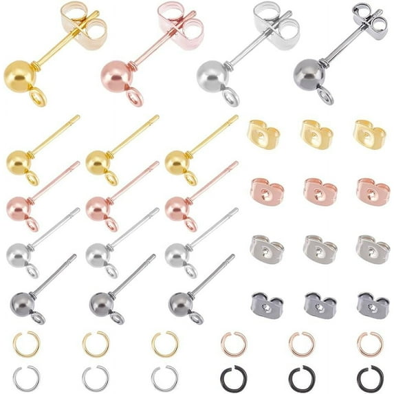120Pcs 4 Colors Ball Post Stud Earrings with Loops with 120Pcs Open Jump Rings Iron Stud Earring with Earring Backs Hypoallergenic Mixed Color Stud Earrings Findings for DIY Earring Making DIY