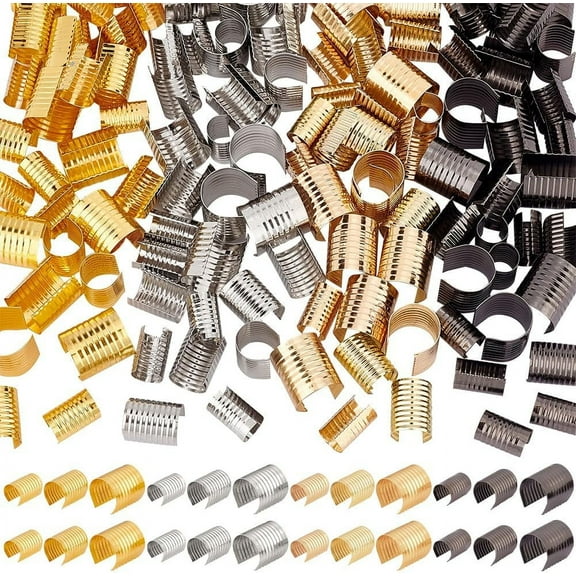 120Pcs 4 Colors Leather Rope Clips 3 Size Cylindrical Crimp Beads End Caps Fastener Opening Crimping Cord Clamp for DIY Craft Jute Leather Bracelet Necklace Macrame Tassel Colorful