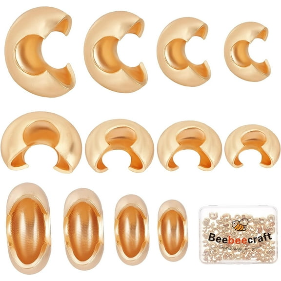 120Pcs 4 Size Crimp Bead Covers 18K Gold Plated Brass Half Round Open Crimp Beads End Tip 4mm/5.5mm/6mm/7.5mm for Jewelry Makings