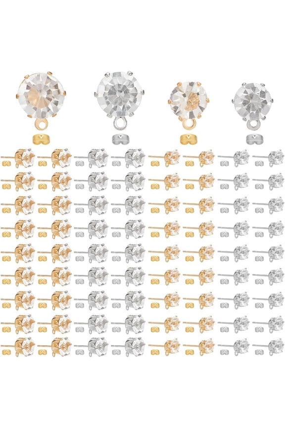 120Pcs 4 Style Earring Studs with Loop Stud Earring Findings with Clear Cubic Zirconia Round Blank Stud Earring Gold and Silver Rhinestones Earring Studs for DIY Earrings Jewelry Making Colorful DIY