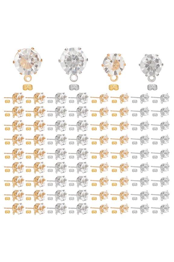 120Pcs 4 Style Earring Studs with Loop Stud Earring Findings with Clear Cubic Zirconia Round Blank Stud Earring Gold and Silver Rhinestones