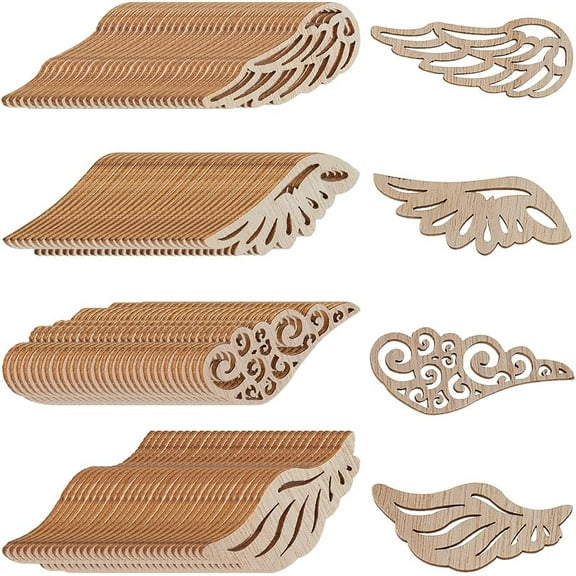 120Pcs 4 Styles Christmas Wood Angel Wings Handmade Wooden Wings Chip Feathered Unfinished Wood Chip Crafts