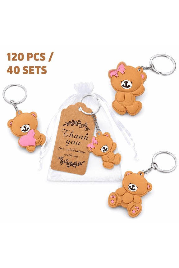 120Pcs(40set)40 Sets Baby Shower Favors Guests Return Gifts Including Animal Keychains, Organza Bags and Thank You Tags for Theme Party Favor Boys Girls Birthday Party Supplies