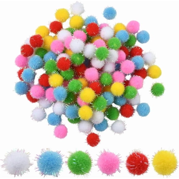 120Pcs 6 Colors 15mm Tinsel Pom Pom Balls Glitter Pompoms Bulk Sparkly Christmas Colorful Round Soft Fuzzy Sequin Polyester Cute Small Pompoms for Crafts DIY Making Hats Arts Supplies Women White
