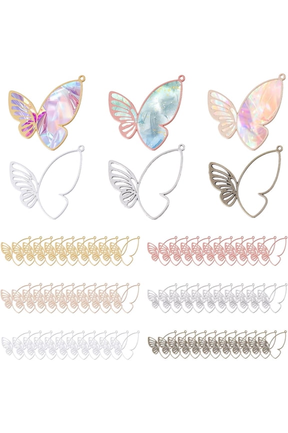 120Pcs 6 Colors Alloy Open Back Bezel Pendants Butterfly Charms Bezel Butterfly Bezel Pendants Hollow Frame Charms for Resin Necklace Bracelet Earring Making Crafts White
