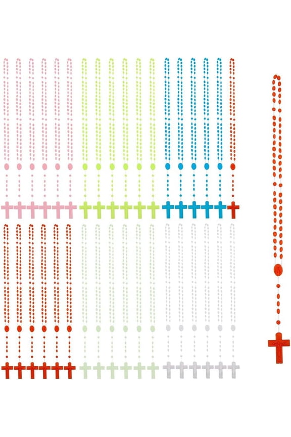 120Pcs 6 Colors Necklaces Bulk Easter Luminous Necklace Plastic Rosary Beads Necklace Glow in The Dark Y Necklace Prayer Jewelry for Women Men Ladies