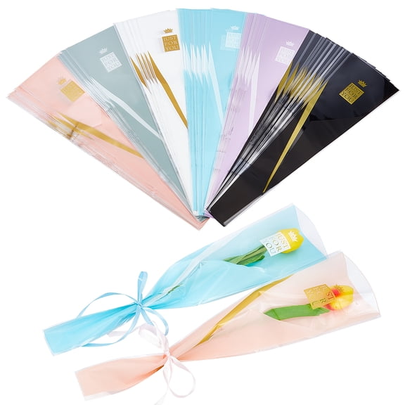 120Pcs 6 Colors OPP Gift Bags Single Flower Packaging Bags with Word Just For You and Pattern Mixed Color 45x12.4x0.01cm 20pcs/color