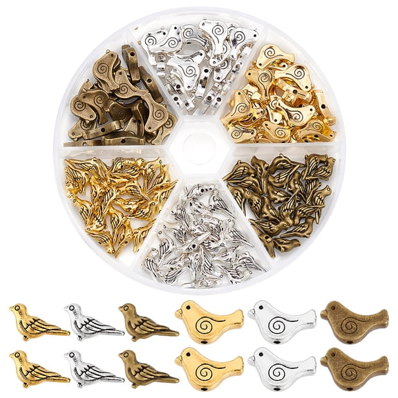 120Pcs 6 Style Tibetan Style Alloy Beads Bird Mixed Color 9~7x14~15x2.5~4.5mm Hole: 1~1.5mm 20pcs/style