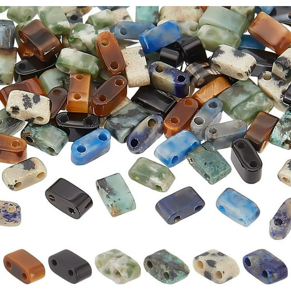 120Pcs 6 Styles Natural Mixed Gemstone Beads 2-Hole Rectangle 2.5~3x5x2.5mm Hole: 0.8mm 20pcs/style