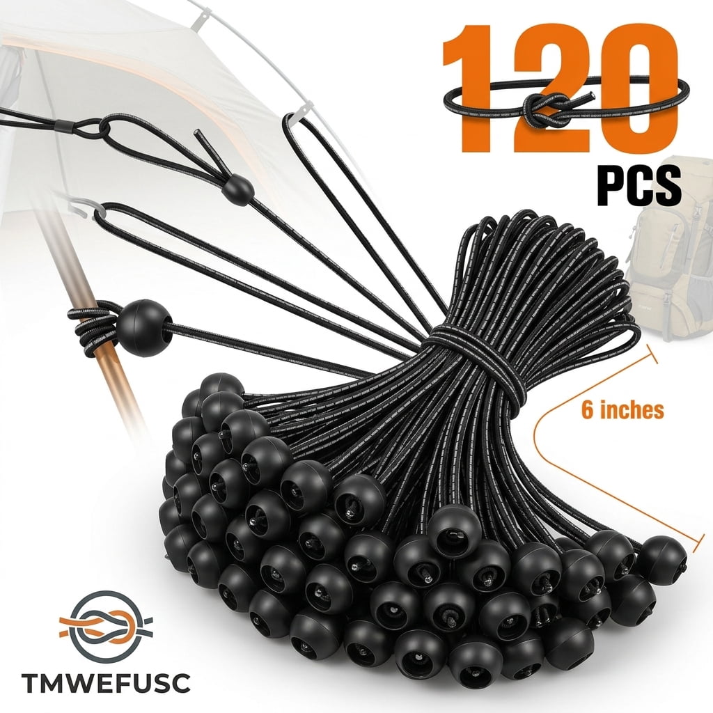 120Pcs 6 inch Tarp Ball Bungee Cord High Elasticity Tie Down Straps for Canopy Tent Camping Shelter Cargo and Outdoor Use Black