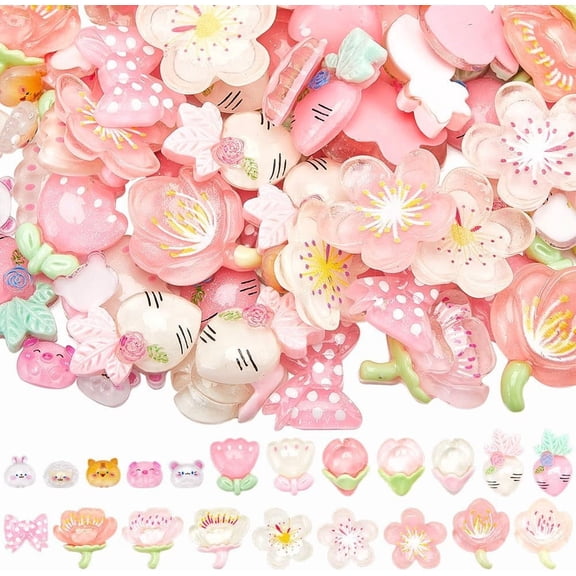 120Pcs 7 Styles Pink Candy Charms Resin Flat Back Cabochons Cute Embellishments DIY 3D Kawaii Resin Flatback Decoden Cabochons Cell Phone Case for for DIY Crafts Ornament Scrapbooking Making DIY