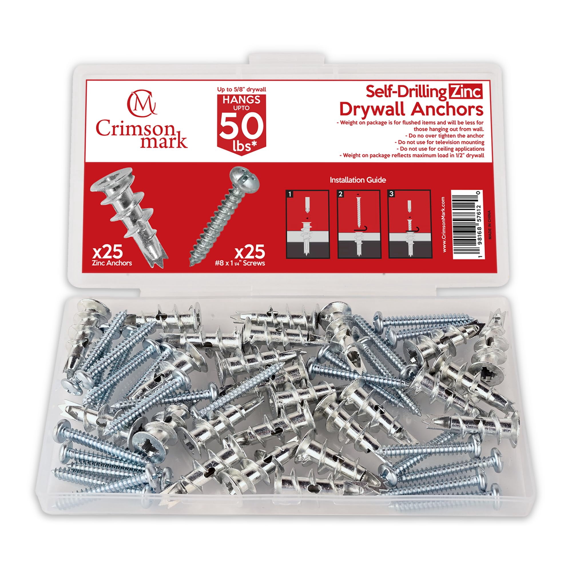120Pcs #8 Self Drilling Drywall Anchors and Screws kit #8 x 1-1/4”- Superb Wall Anchors for Drywall, Holds Upto 75lbs – No Drill Hole Required with These Dry wall Screws and Anchors