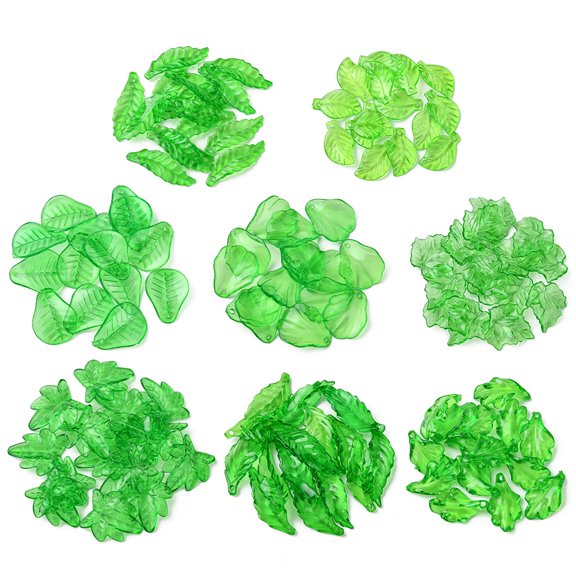 120Pcs 8 Styles Transparent Acrylic Pendants Leaf Lawn Green 19.5~28x10.5~24x1.2~3.5mm Hole: 1.2~2mm 15pcs/style