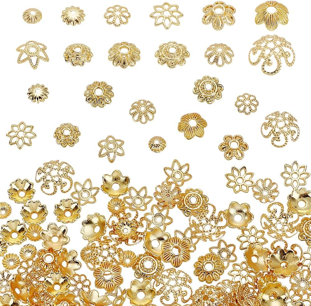120Pcs Alloy Beads Caps 12 Styles Flower Bead Caps Metal Spacers Beads Caps Hollow Flower Bead End Caps for Jewelry Making (Golden)