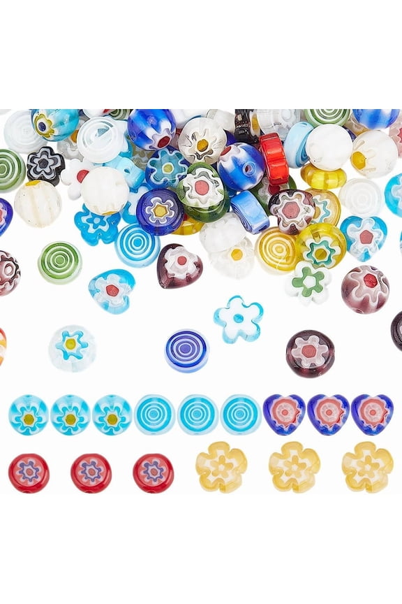 120Pcs Assorted Lampwork Beads 5 Styles 8MM Flower Heart Round Beads Handmade Millefiori Glass Bead Strands for Bracelet Necklace Jewelry Making Christmas Gift